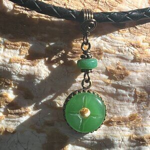 Unisex Green Jade Scored Stone Black Leather Necklace - Symbolic - Good Fortune